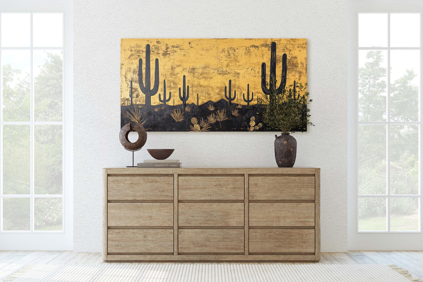Empty Desert Print, Black and Gold, Cactus Decor