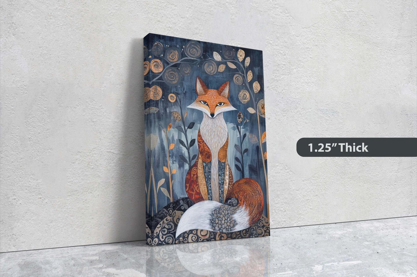 Scandinavian Fox, Folk Art, Celestial Art,  Framed Canvas, Dark Print, Nature Print, Whimsical