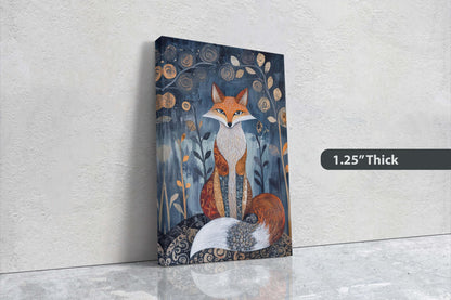 Scandinavian Fox, Folk Art, Celestial Art,  Framed Canvas, Dark Print, Nature Print, Whimsical