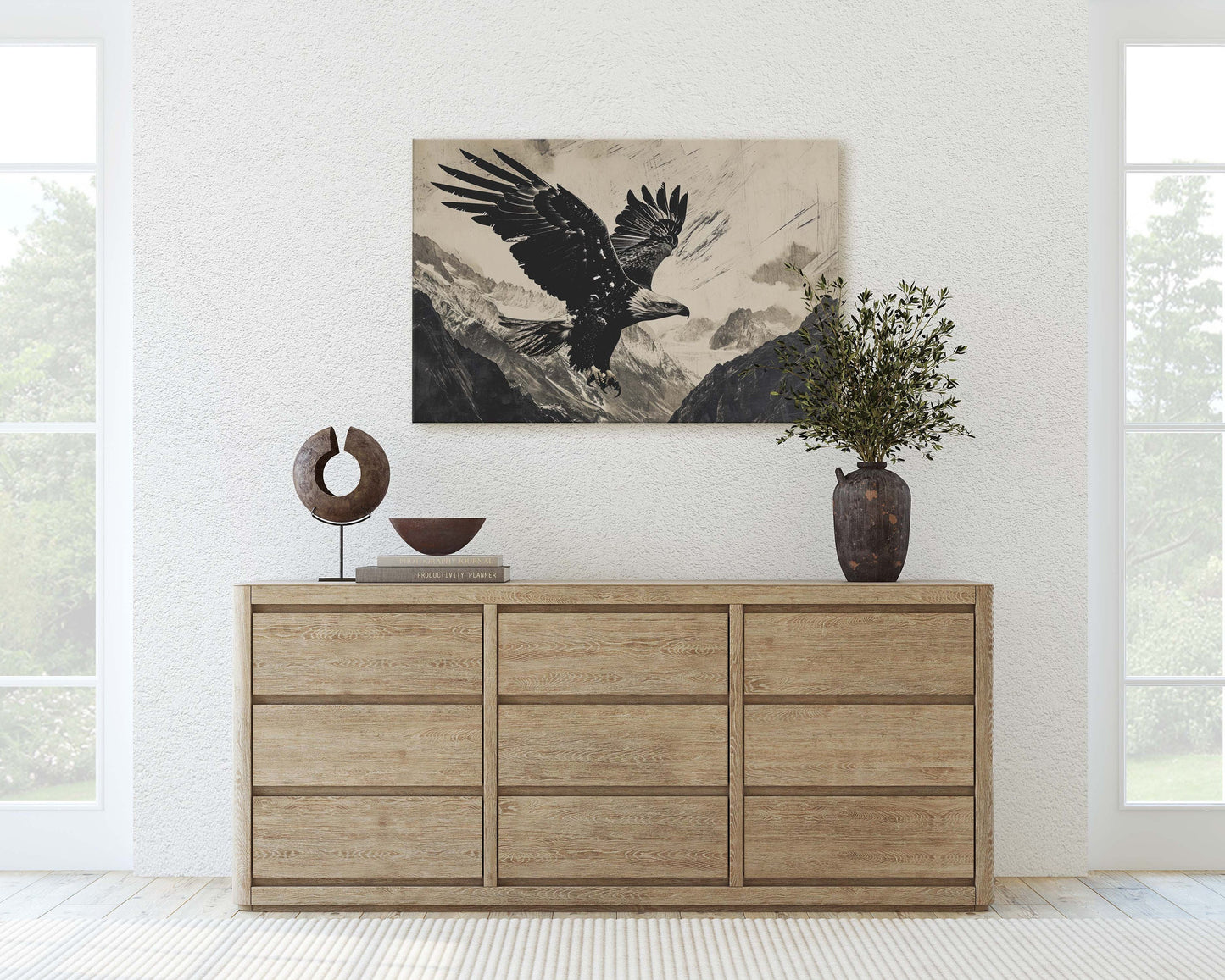 Black and White Eagle, Bald Eagle Painting, Cabin Decor, Mountain Home Art, Framed Canvas, Mountain Range, Nature Art