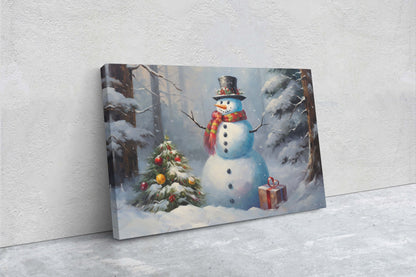 Snowman Present, Christmas Snowman, Snow Trees, Festive Decor, Holiday Art, Xmas Print, Framed Canvas, Large Print