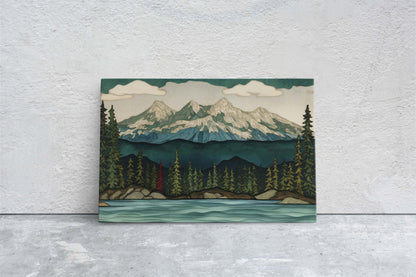 Minimalist Lake Mountain on Canvas, Scandinavian Design, Danish, Green Blue, Framed Canvas, Abstract, Simple, Landscape Painting