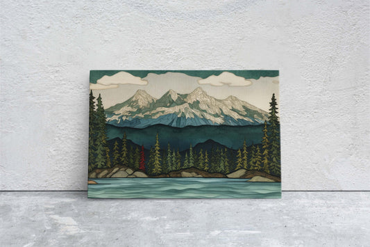Minimalist Lake Mountain on Canvas, Scandinavian Design, Danish, Green Blue, Framed Canvas, Abstract, Simple, Landscape Painting