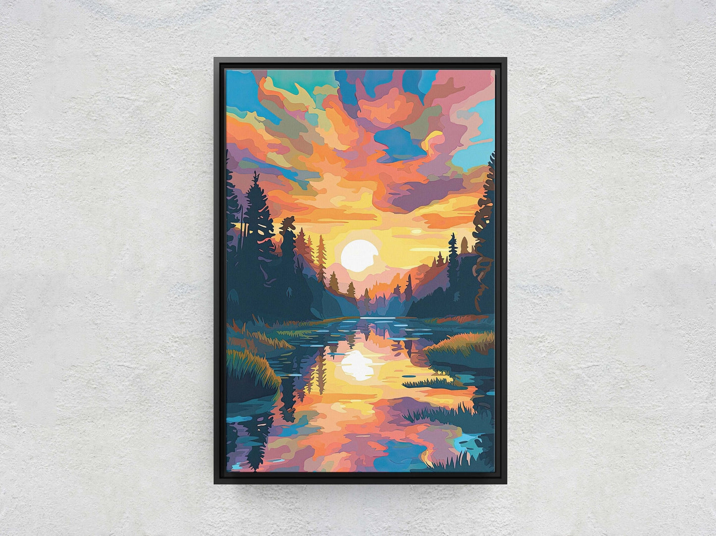 Lake at Sunset, Fauvist Color, Calm Water, Chromatic, Impressionist Art, Landscape Decor, Nature Painting, Ready to Hang, Canvas Print