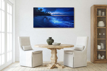 Starry Beach, Night Beach Art, Coast Painting, Blue Glow