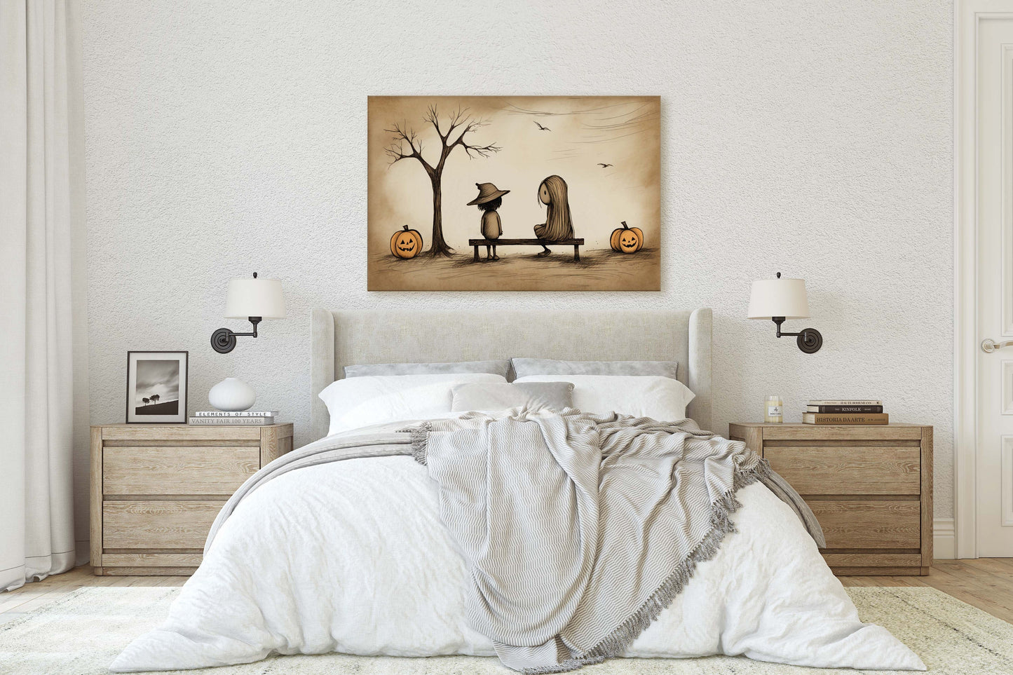 Cute Trick or Treat, Halloween Friends, Costume Bench, Cutesy Art, Adorable Halloween, Halloween bench, Retro Vintage Art, Subdued