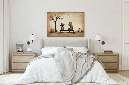Cute Trick or Treat, Halloween Friends, Costume Bench, Cutesy Art, Adorable Halloween, Halloween bench, Retro Vintage Art, Subdued
