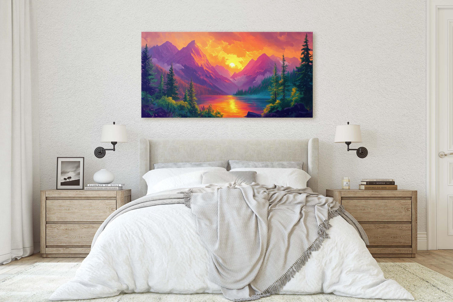 Colorful Mountain Sunrise On Canvas, Smoky Forest, Foggy Mountains, Vibrant Color, Abstract Art