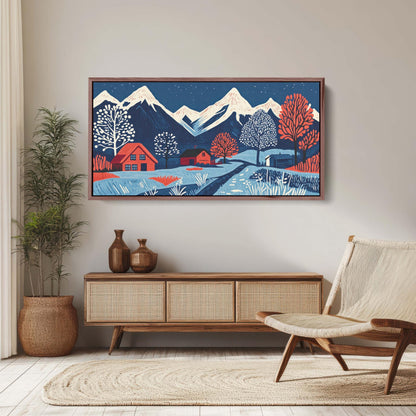 Scandinavian Village, Mountain Village, Mountain Town, Linocut Print