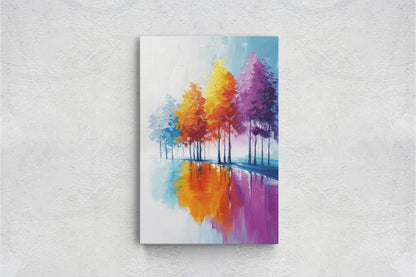 Trees By Lake, Colorful Foliage, Rainbow Trees, Pastel Colors, Blue White, Orange Purple, Framed Canvas, Large Art print