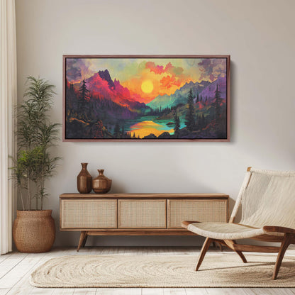 Colorful Mountain Sunrise on Canvas, Smoky Forest, Foggy Mountains, Vibrant Color, Abstract Art