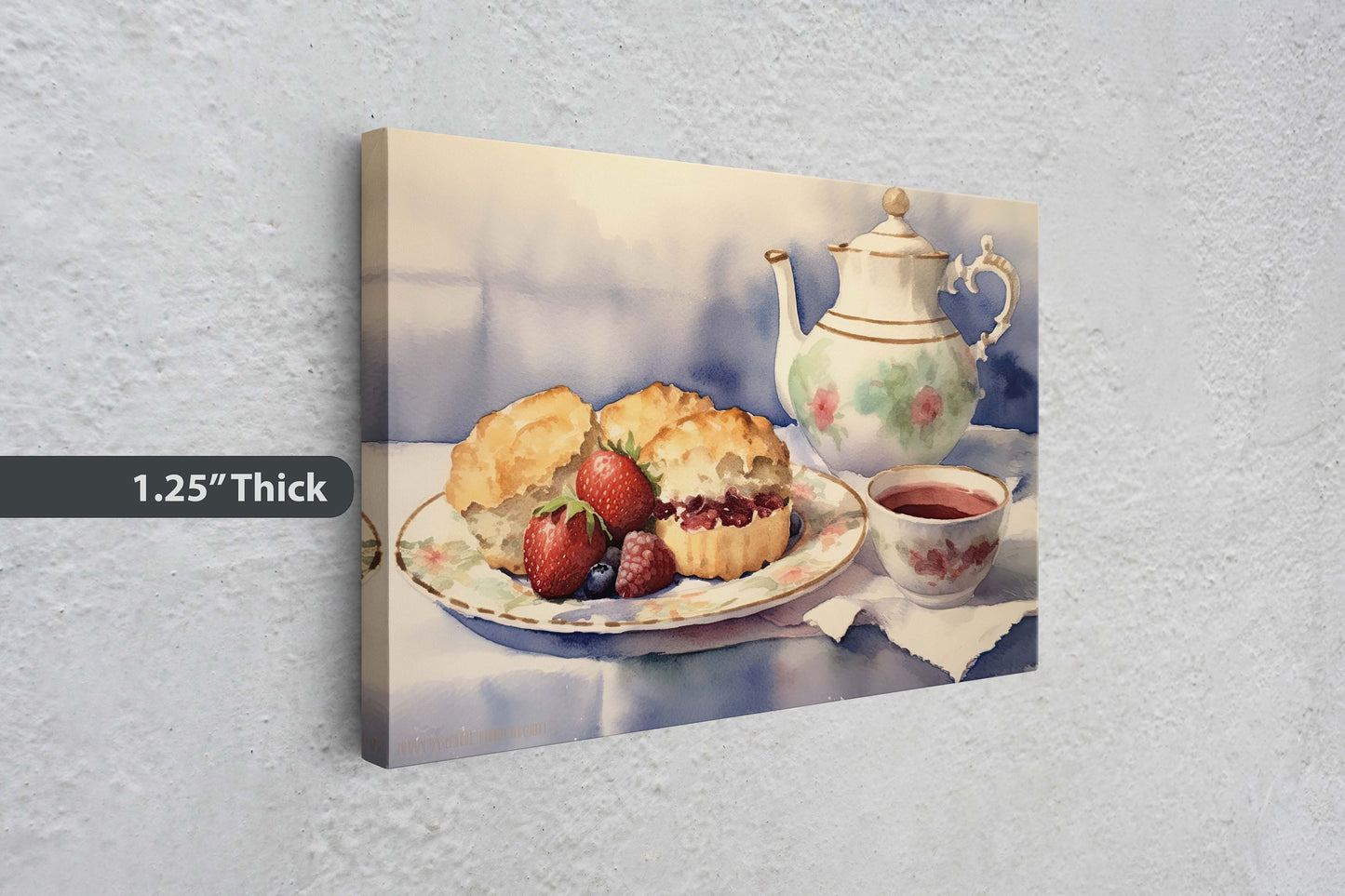 Tea and Scones, Watercolor, Food Painting, Kitchen Decor, Large Canvas, Ready to Hang, Dining Room, Canvas Print, Teapot, Baking