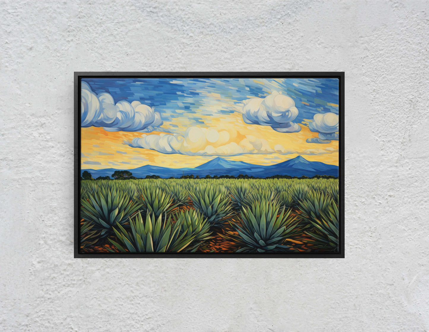 Agave Field on Canvas, Blue Mountains, Sunrise Sunset, Retro Vintage, Mid Century Modern