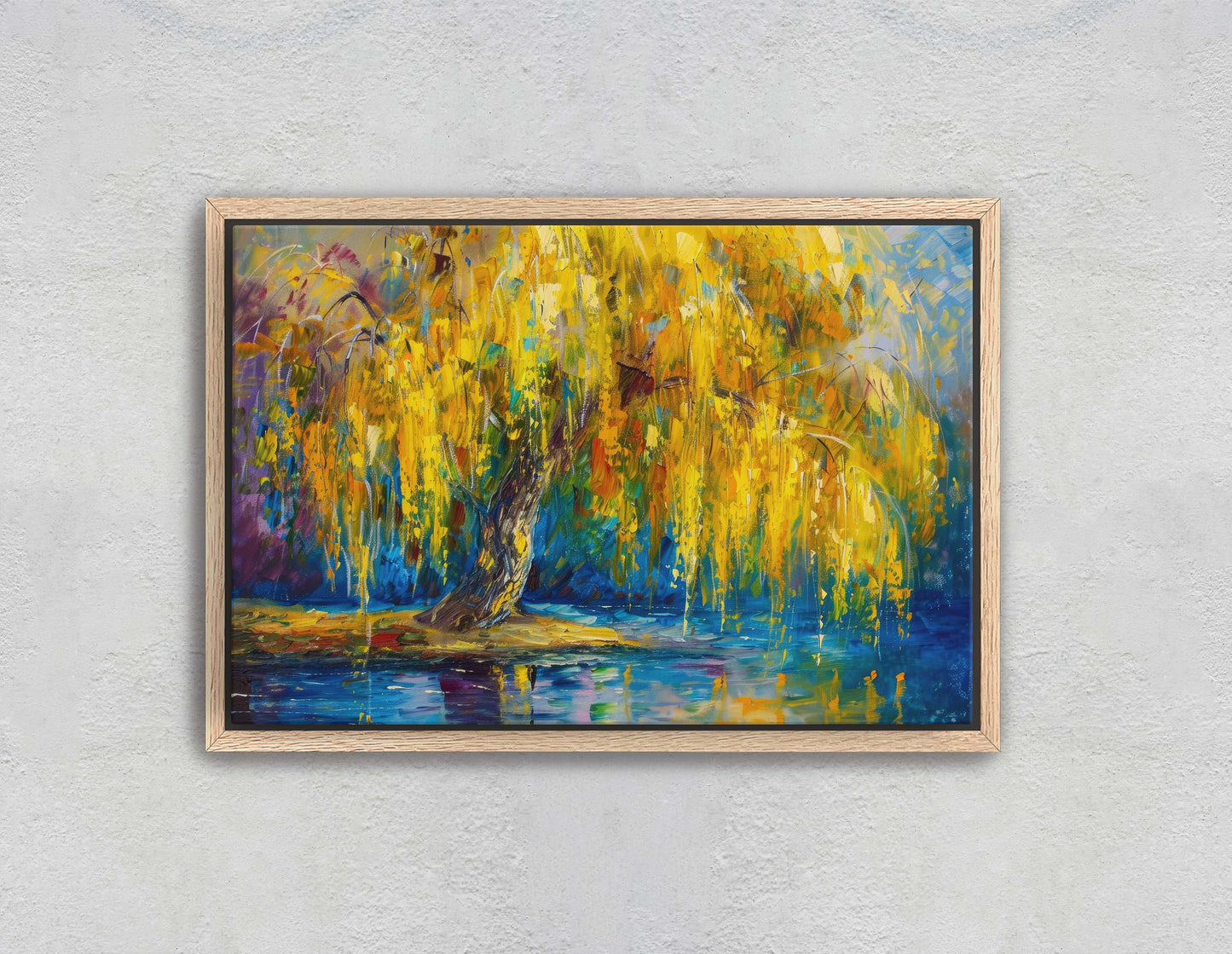 Golden Willow, Weeping Willow, Abstract Modern, Framed Canvas, Large Art Print, Gold and Blue, Tree Painting, Floral Botanical