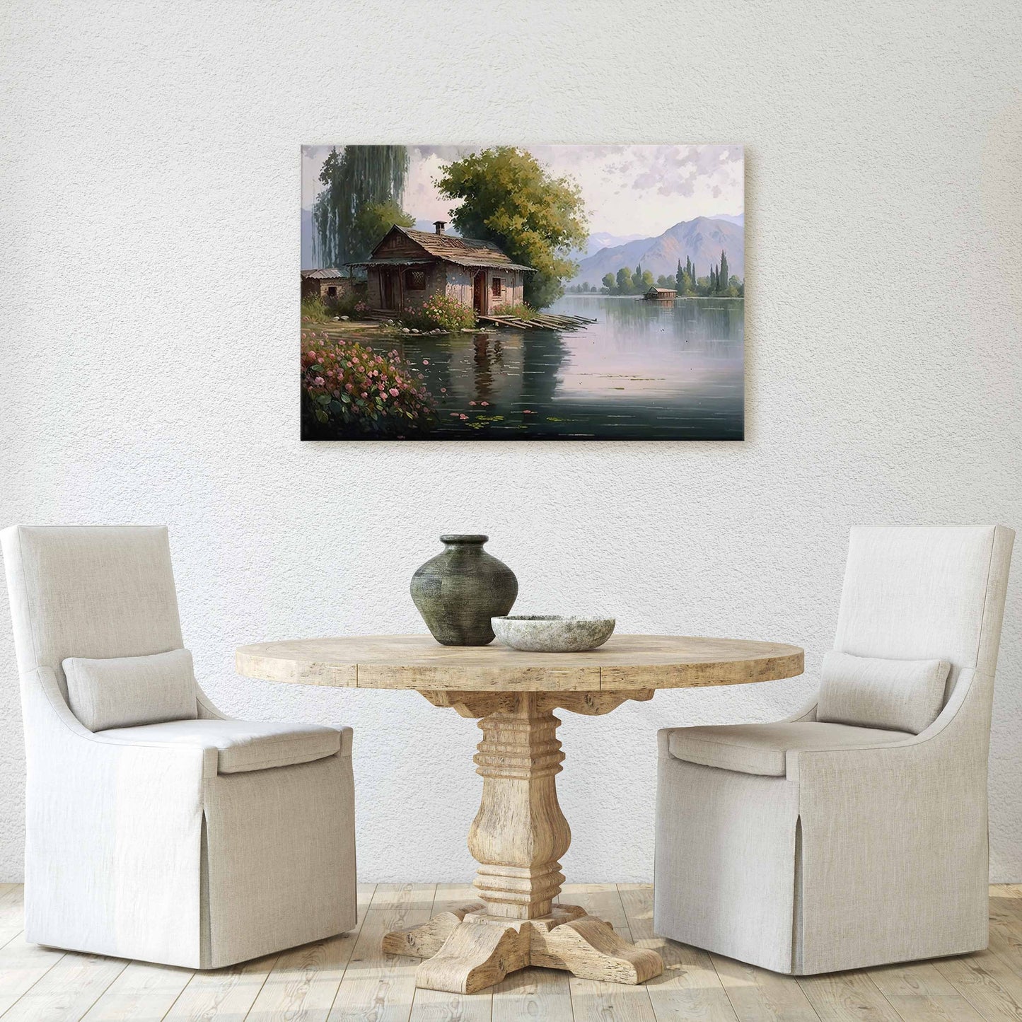 Lake Cottage Canvas Art Ready To Hang Large Print, Oil Painting, Landscape, Dali Lake India