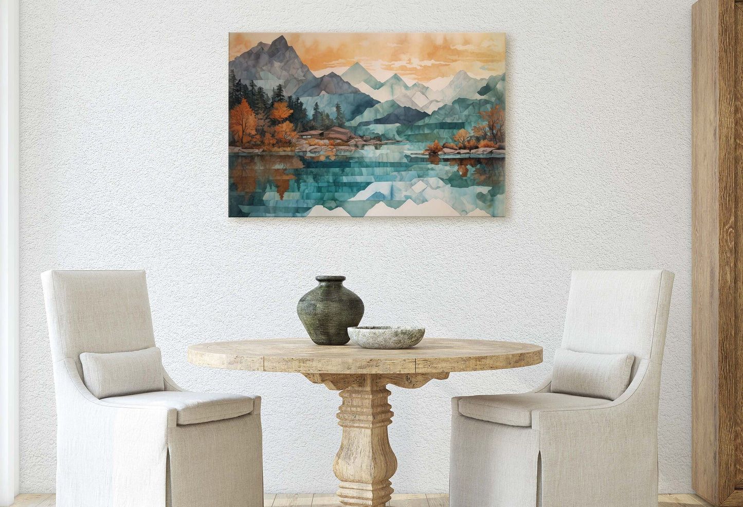 Lakeside Mountains on Canvas, Lake View mountains, Abstract Landscape, Modern Landscape, Neutral Tones, Subtle color, Watercolor Print