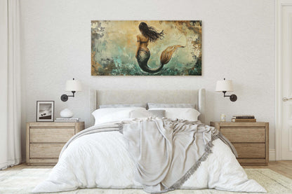 Rustic Mermaid, Faux metal art, Mythical Creature, Ocean Decor, Framed Canvas, Large Art print, Fantasy Painting