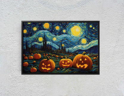 Pumpkin Starry Night on Canvas, Halloween Van Gogh, Jack-O-Lantern, Pumpkin Patch, Framed Canvas, Fun Halloween