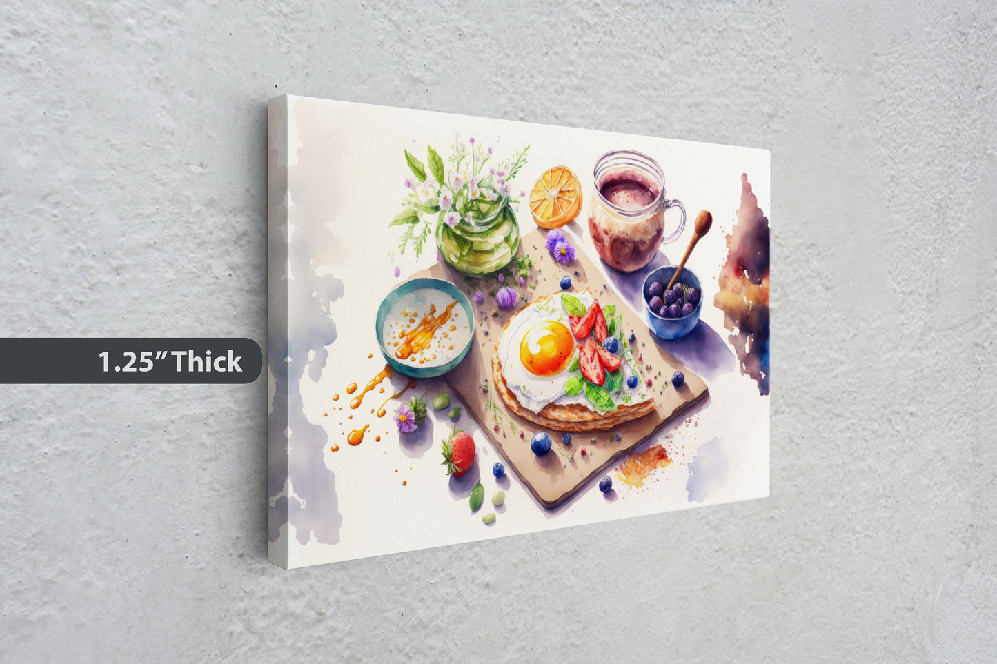 Watercolor Breakfast Canvas Art Ready To Hang Large Print, Oil Painting, Colorful, Eggs, Water Color, kitchen
