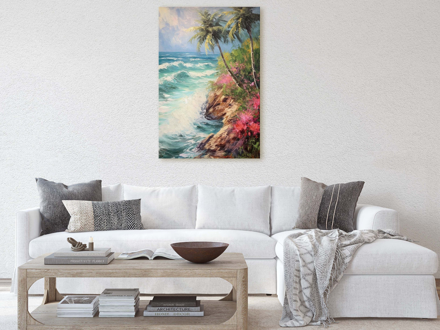 Stormy Beach on Canvas, Cliffside Waves, Flower Beach, Palm Trees, Tropical Vacation, Framed Canvas, Nature Decor, Portrait Canvas
