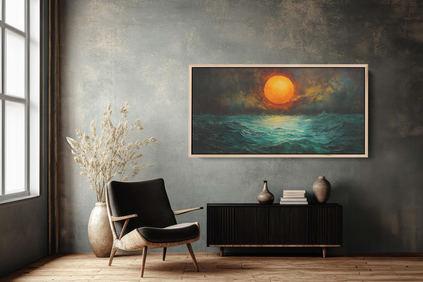 Dark Sunset, Orange Sun, Green Sea, Dark Colors, Moody Print