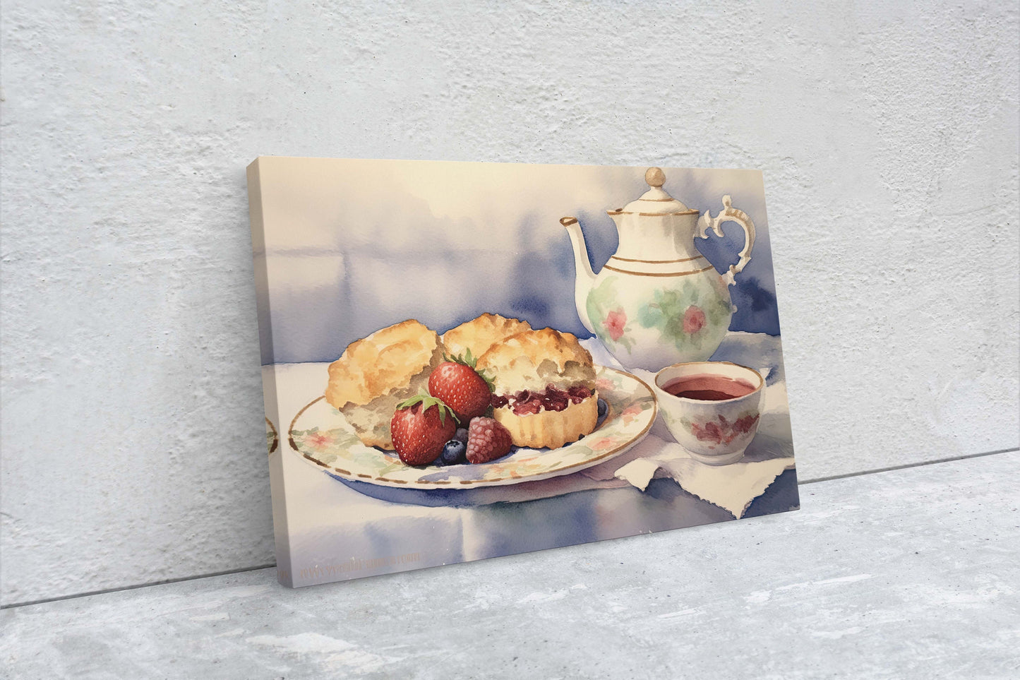 Tea and Scones, Watercolor, Food Painting, Kitchen Decor, Large Canvas, Ready to Hang, Dining Room, Canvas Print, Teapot, Baking