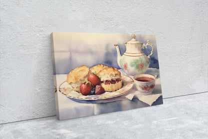 Tea and Scones, Watercolor, Food Painting, Kitchen Decor, Large Canvas, Ready to Hang, Dining Room, Canvas Print, Teapot, Baking