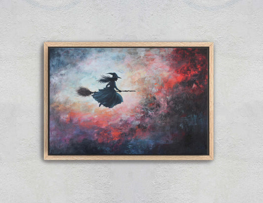 Flying Witch, Witch on Broomstick, Whimsical Decor, Full Moon, Halloween Art, Cloudy, Fall Art, Colorful
