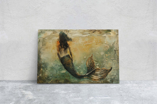 Mermaid Alone, Nautical Artwork, Ocean Decor, Mythical Creature, Fantasy Decor, Faux Metal, Framed Canvas, Extra Large Print