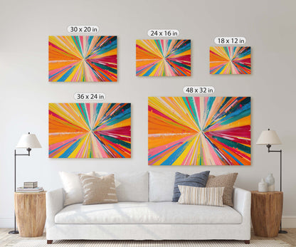 Abstract Color, Color Theory, Starburst, Sunburst, Modern Art, Contemporary, Framed Canvas, Statement Piece, Large Art Print, Rainbow Vivid