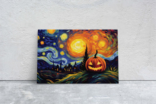Starry Night Pumpkin on Canvas, Jack-O-Lantern, Spooky Art, Framed Canvas, Kid Friendly, Fun Halloween Decor