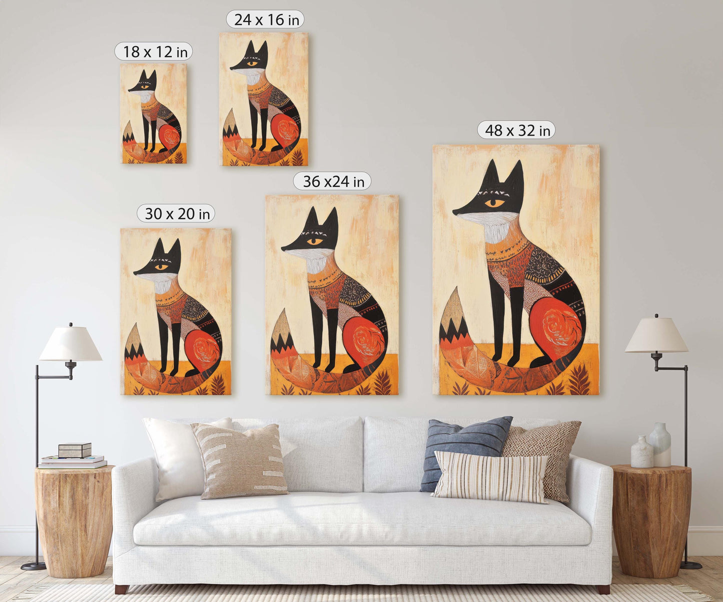 Scandinavian Fox, Folk Art, Celestial Art,  Framed Canvas, Nature Print, Whimsical, Egyptian, Abstract