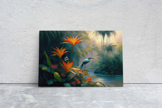 Jungle Flower Bird Canvas Art Ready To Hang Large Print, Oil Painting, Landscape
