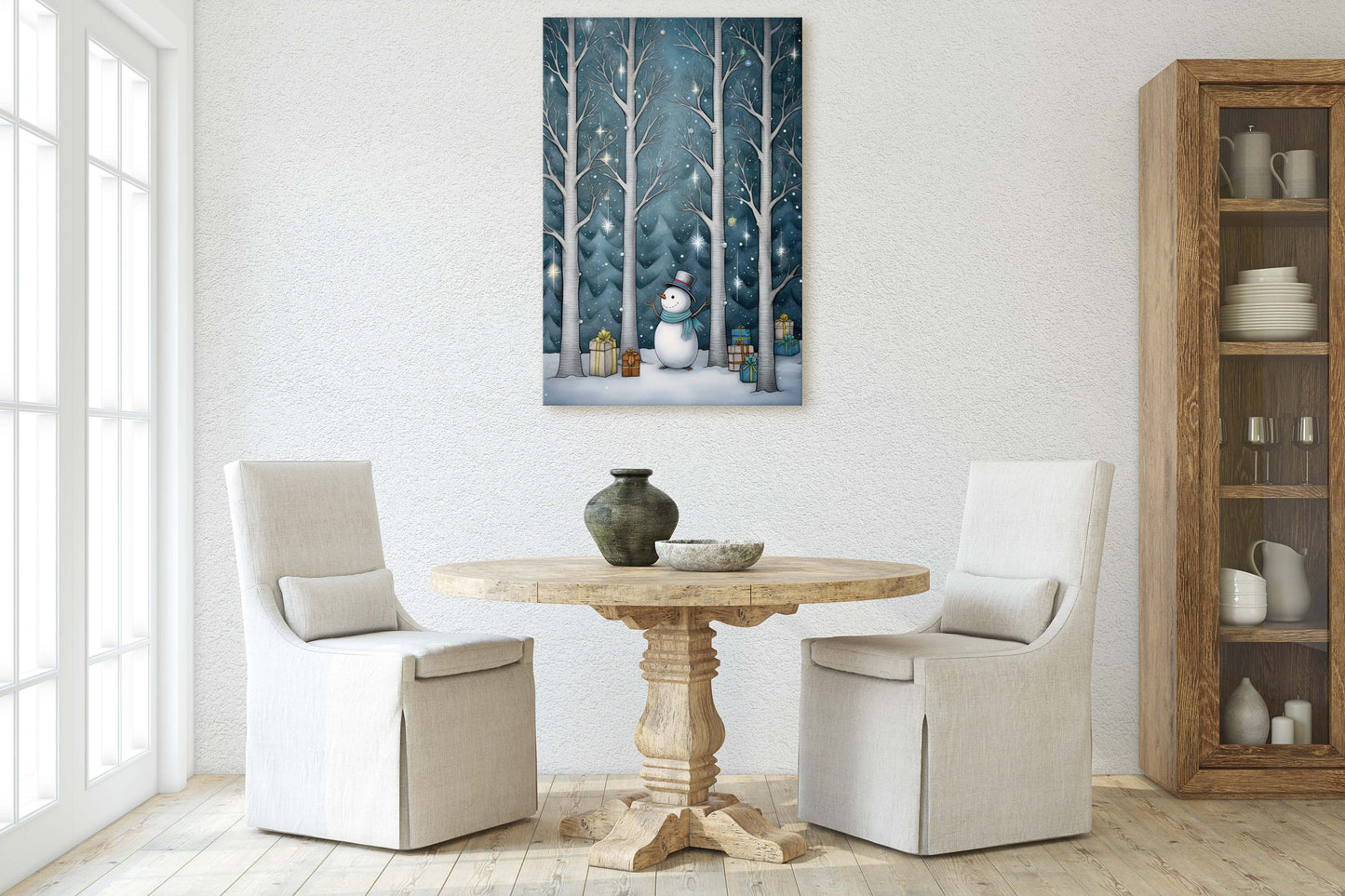 Snowman Presents Forest, Illustration Style, Snowy Forest, Snow Presents, Framed Canvas, Christmas Decor, Large Print, Winter Decor