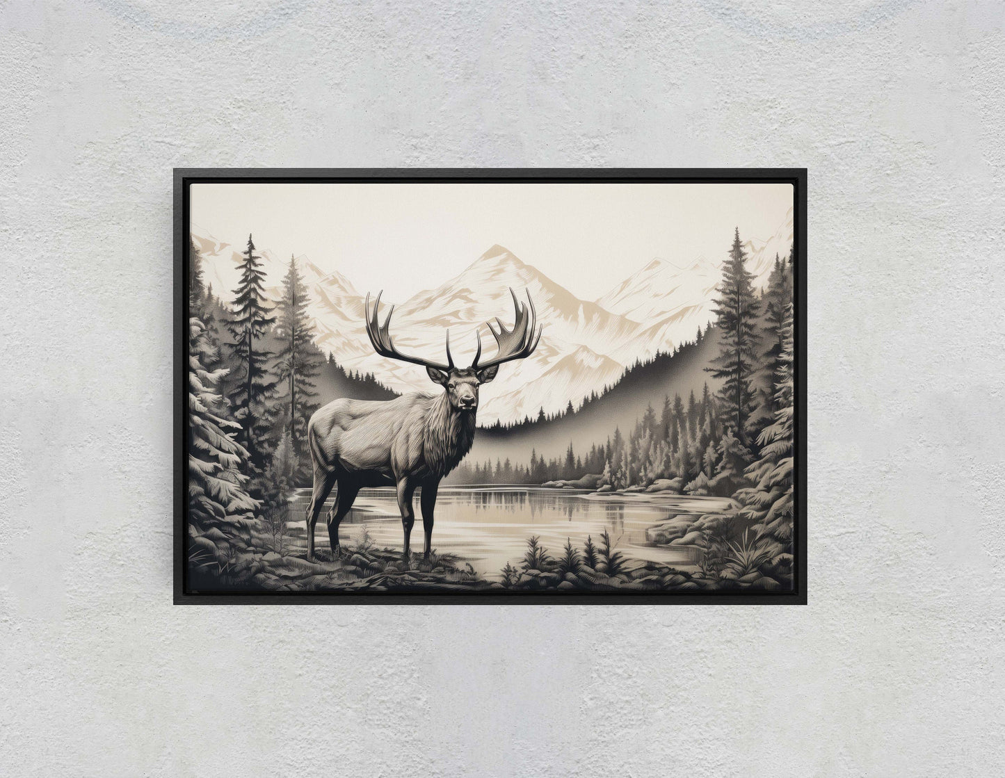 Black and White Elk,  Elk Painting, Cabin Decor, Mountain Home Art, Framed Canvas, Moose Painting, Neutral Color, Mountain Range, Nature Art