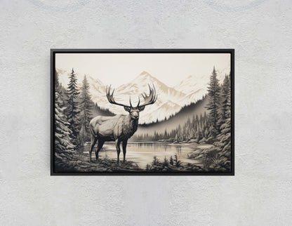 Black and White Elk,  Elk Painting, Cabin Decor, Mountain Home Art, Framed Canvas, Moose Painting, Neutral Color, Mountain Range, Nature Art
