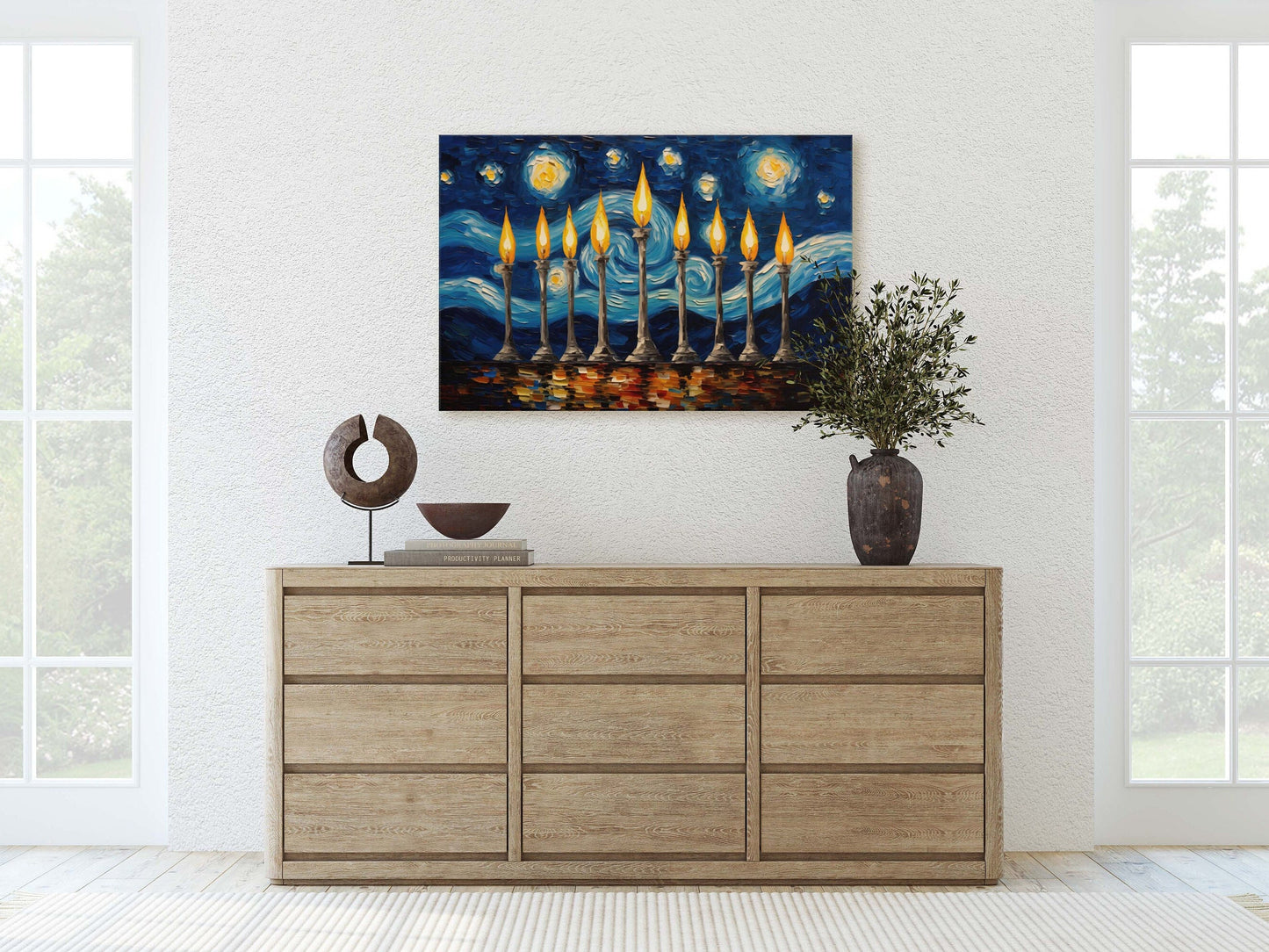 Starry Menorah, Hanukkah Painting, Festive Decor, Winter Season, Jewish Art, Chanukah, Framed Canvas, Jewish Print