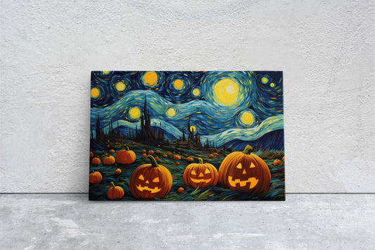 Pumpkin Starry Night on Canvas, Halloween Van Gogh, Jack-O-Lantern, Pumpkin Patch, Framed Canvas, Fun Halloween