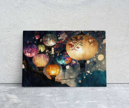 Paper Lantern Festival Canvas Art Ready To Hang Large Print, Night Sky, Watercolor, Chinese, Japanese