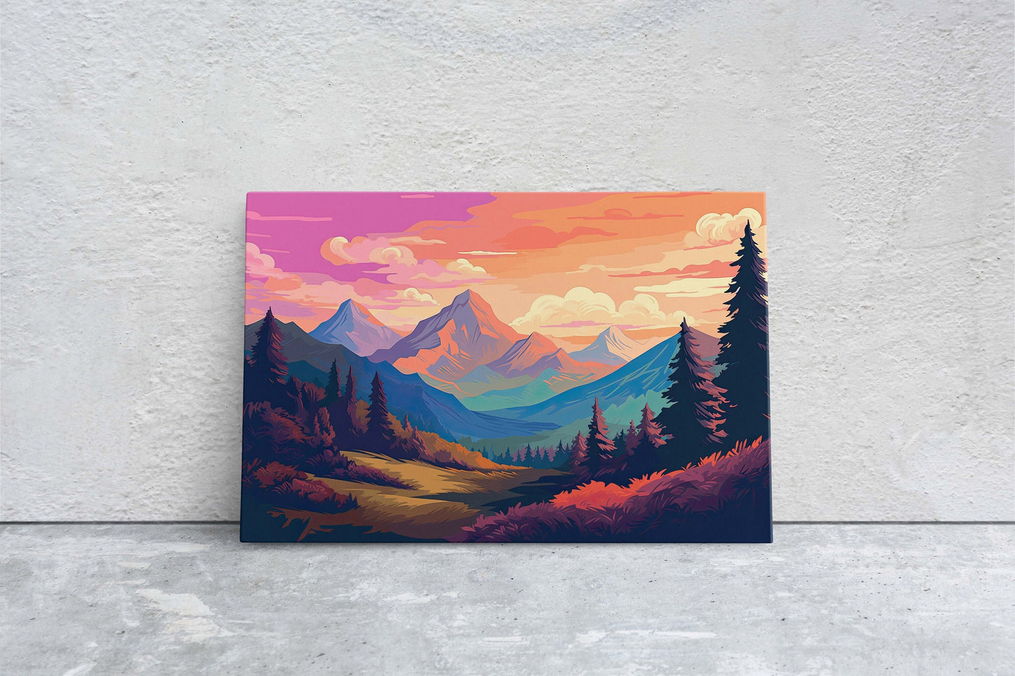 Mountain Sunset on Canvas, Vivid Color, Forestpunk, Bold Color, Illustration animation, cyberpunk landscape, Large Print