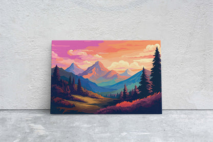 Mountain Sunset on Canvas, Vivid Color, Forestpunk, Bold Color, Illustration animation, cyberpunk landscape, Large Print