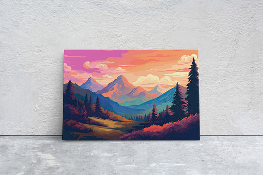 Mountain Sunset on Canvas, Vivid Color, Forestpunk, Bold Color, Illustration animation, cyberpunk landscape, Large Print