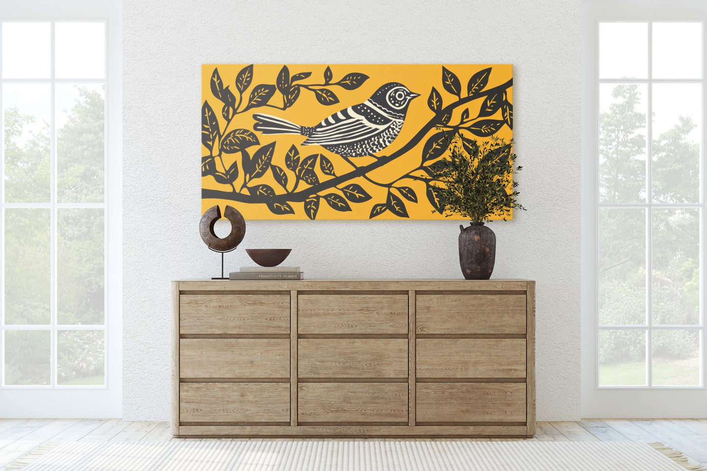 Linocut Bird Art, Scandinavian Art, Contemporary Decor