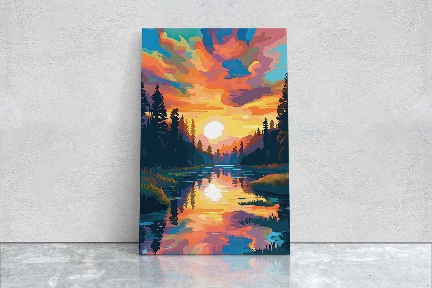 Lake at Sunset, Fauvist Color, Calm Water, Chromatic, Impressionist Art, Landscape Decor, Nature Painting, Ready to Hang, Canvas Print