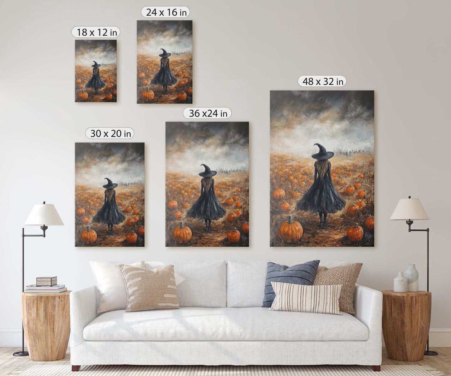 Witch Pumpkin Patch, Black Witch, Pumpkin Field, Halloween Decor, Gothic Art, Artistic, Lone Witch