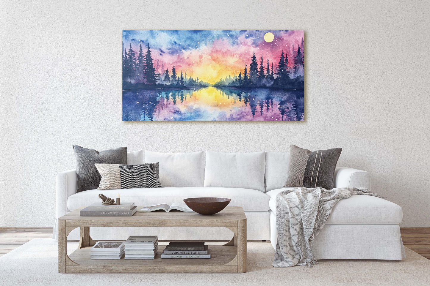Mystical Lake, Pastel Colors, Watercolor, Ethereal Sky