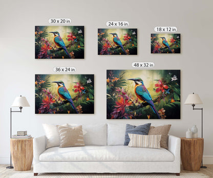 Jungle Bird Painting, Jungle Art, Green Jungle, Framed Canvas, Large Print, Beautiful Bird, Flower Jungle, Tropical Forest, Rainforest Art