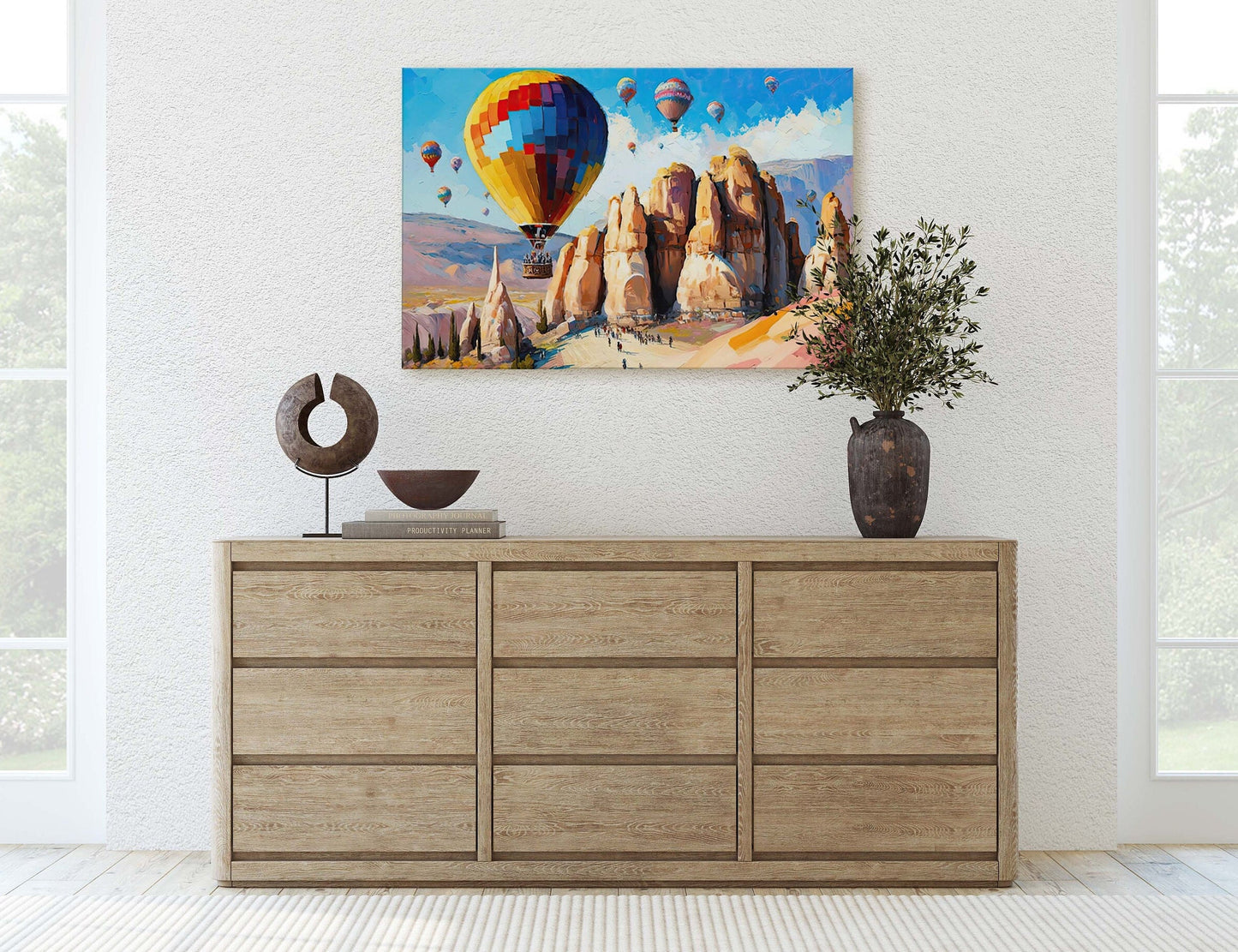 Cappadocia Turkey, Hot Air Balloons,Canvas Art Large Print,Painting, Landscape, Rock Spire, Cliff Art, Bright, Vivid, Colorful
