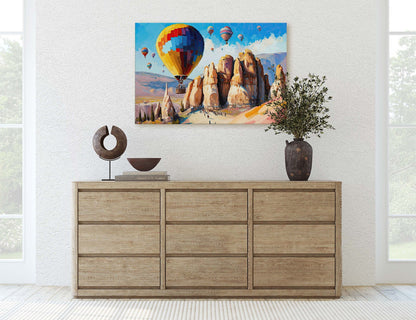 Cappadocia Turkey, Hot Air Balloons,Canvas Art Large Print,Painting, Landscape, Rock Spire, Cliff Art, Bright, Vivid, Colorful