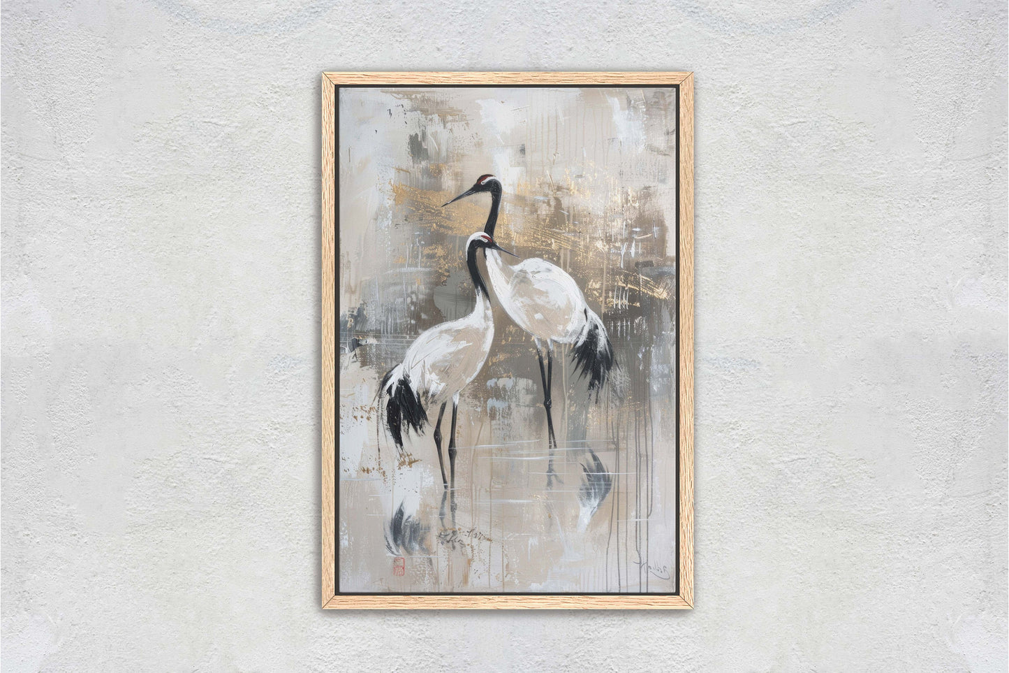 Japanese Gold Cranes, Gold and Beige, Minimalist Art, Heron Decor, Framed Canvas, Japandi Print, Extra Large, Neutral Tones